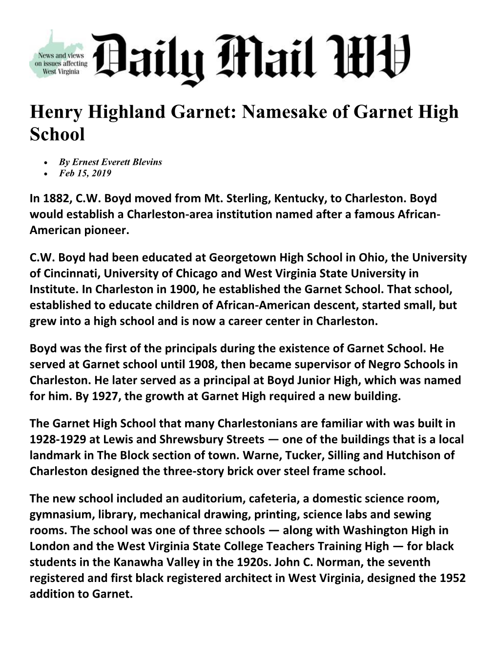 Henry Highland Garnet: Namesake of Garnet High School