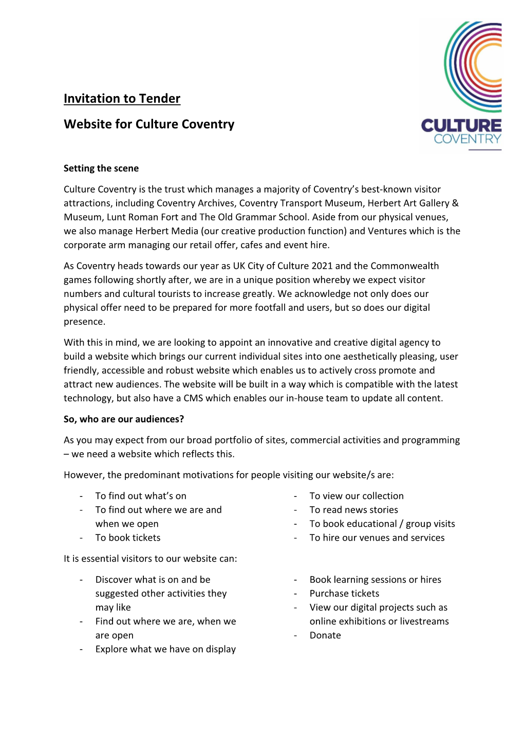 Invitation to Tender Website for Culture Coventry