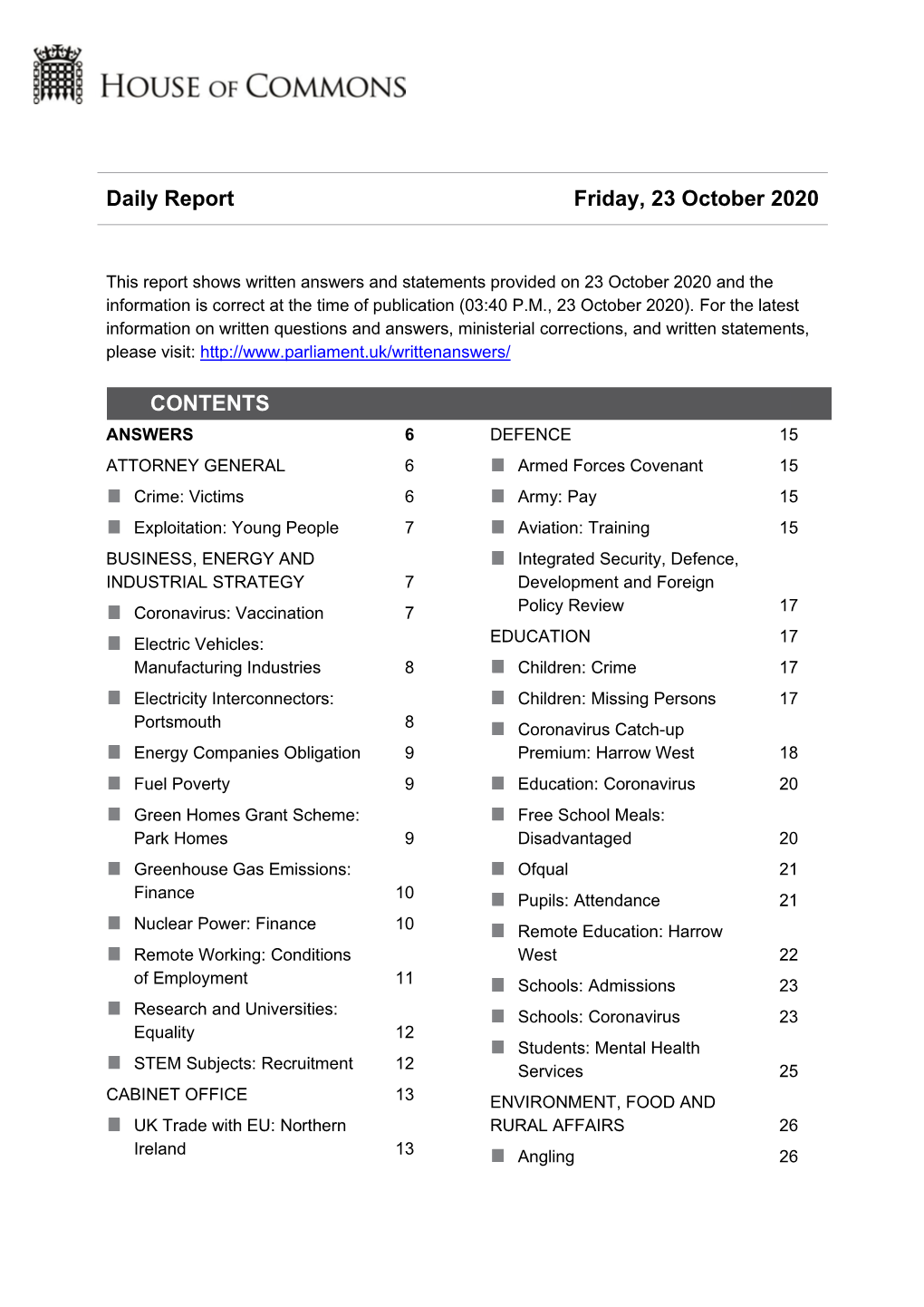 Daily Report Friday, 23 October 2020 CONTENTS