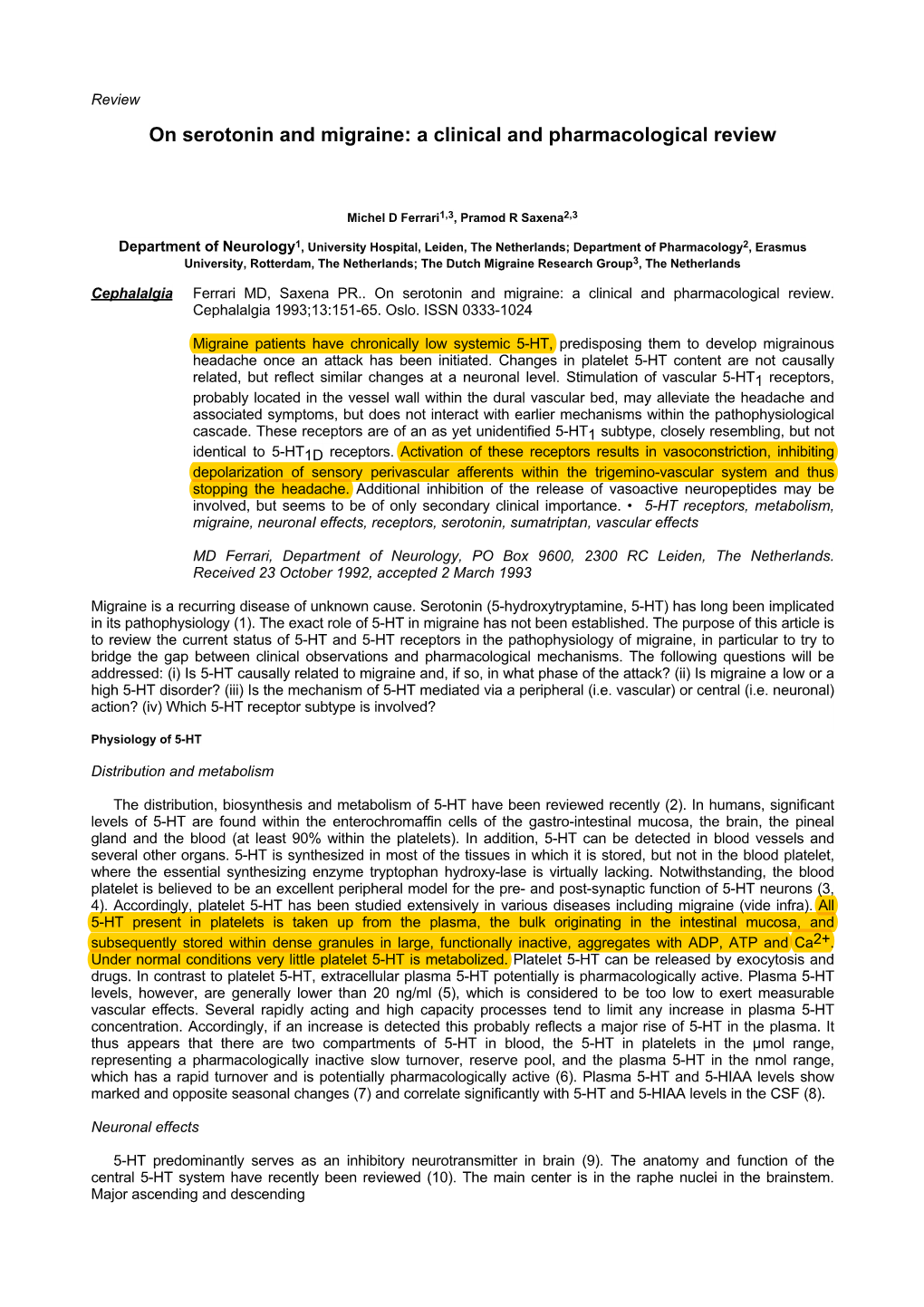 On Serotonin and Migraine: a Clinical and Pharmacological Review