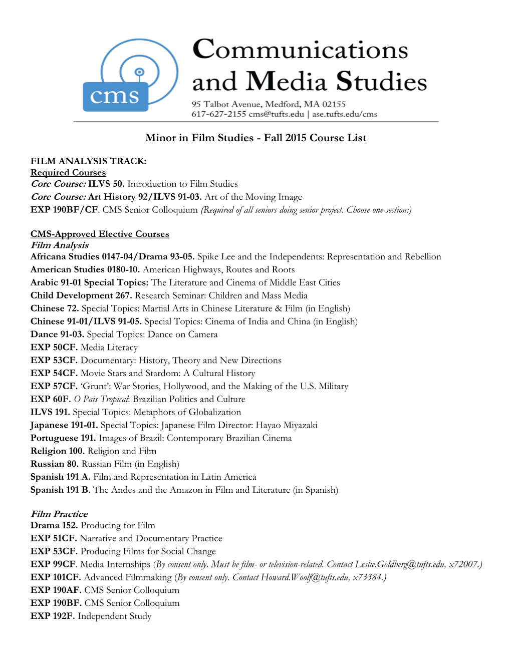 Minor in Film Studies - Fall 2015 Course List