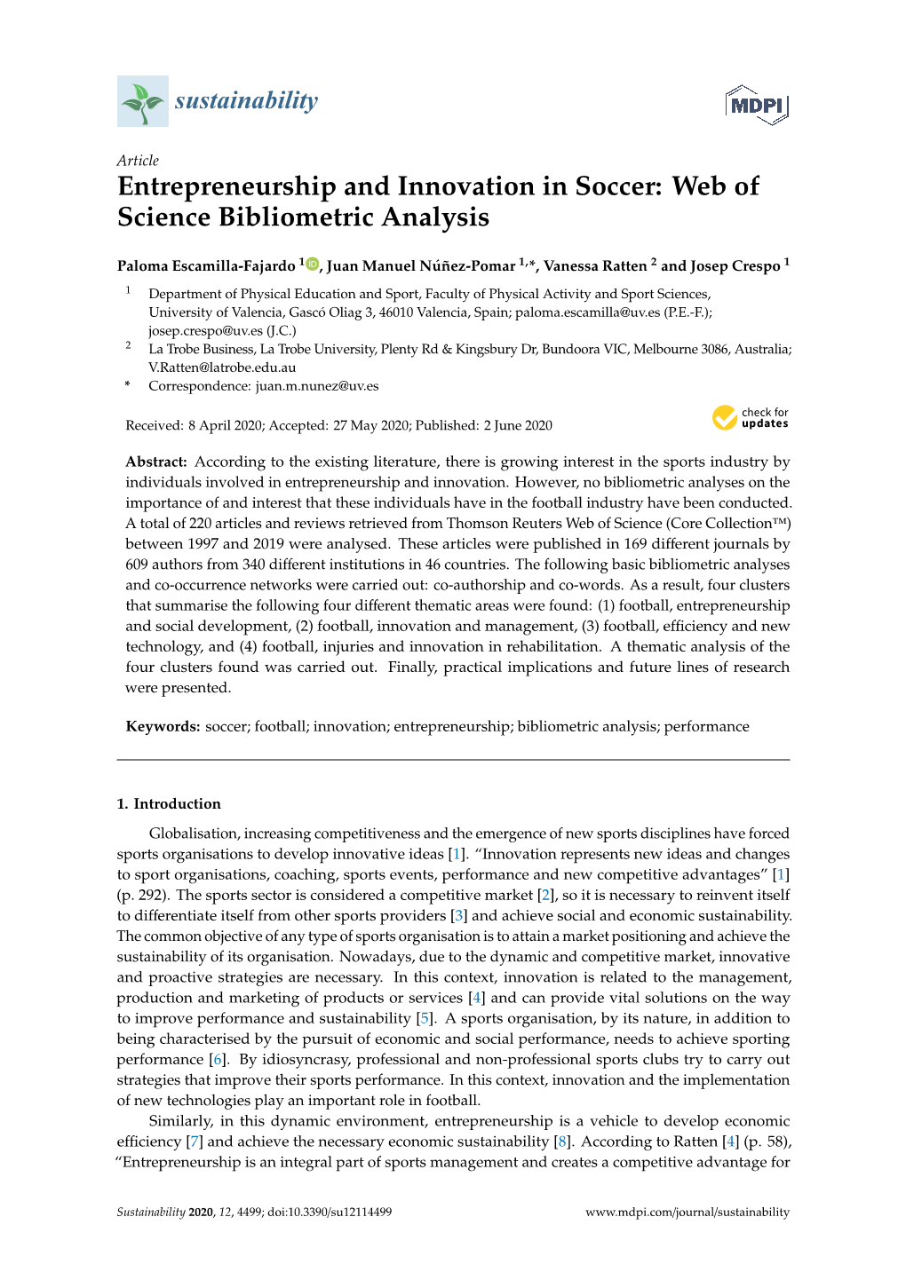 Entrepreneurship and Innovation in Soccer: Web of Science Bibliometric Analysis