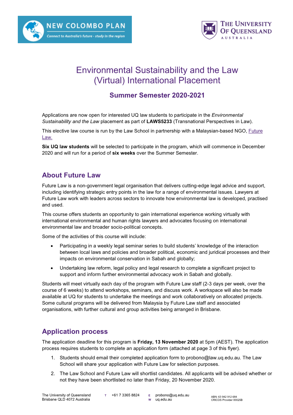 Environmental Sustainability and the Law (Virtual) International Placement