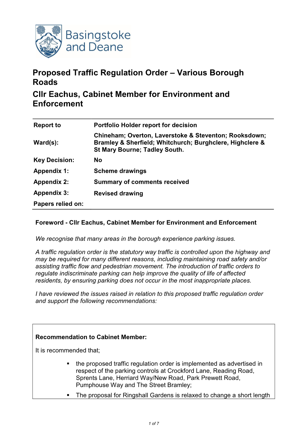 Proposed Traffic Regulation Order – Various Borough Roads Cllr Eachus, Cabinet Member for Environment and Enforcement