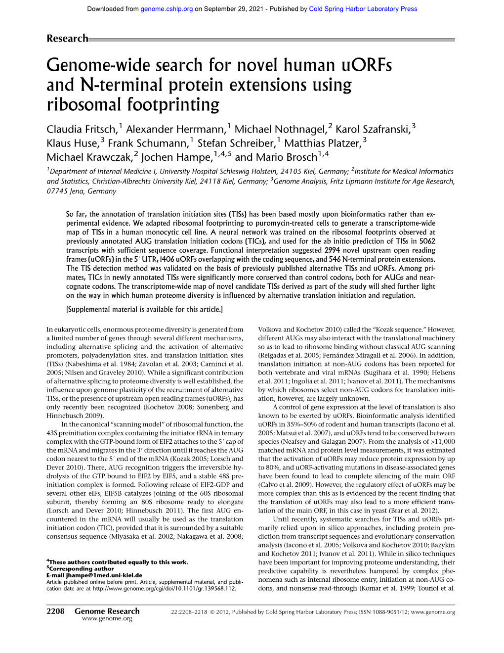 Genome-Wide Search for Novel Human Uorfs and N-Terminal Protein Extensions Using Ribosomal Footprinting