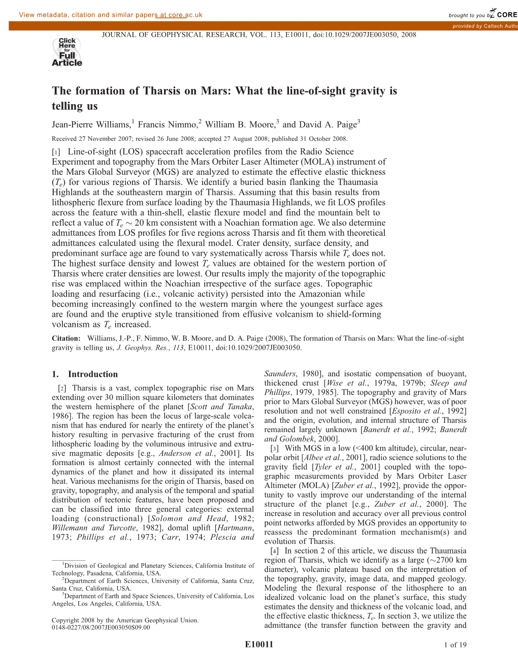 The Formation of Tharsis on Mars: What the Line-Of-Sight Gravity Is Telling Us Jean-Pierre Williams,1 Francis Nimmo,2 William B