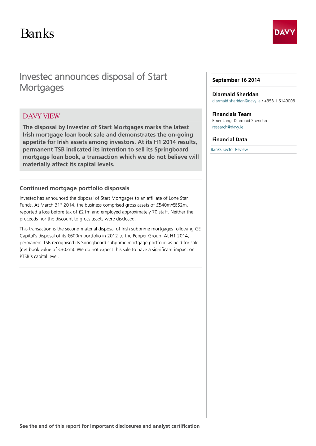 Investec Announces Disposal of Start Mortgages