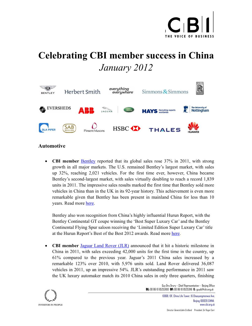 Celebrating CBI Member Success in China January 2012