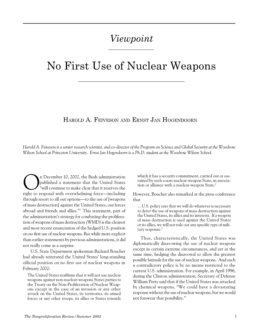 No First Use of Nuclear Weapons