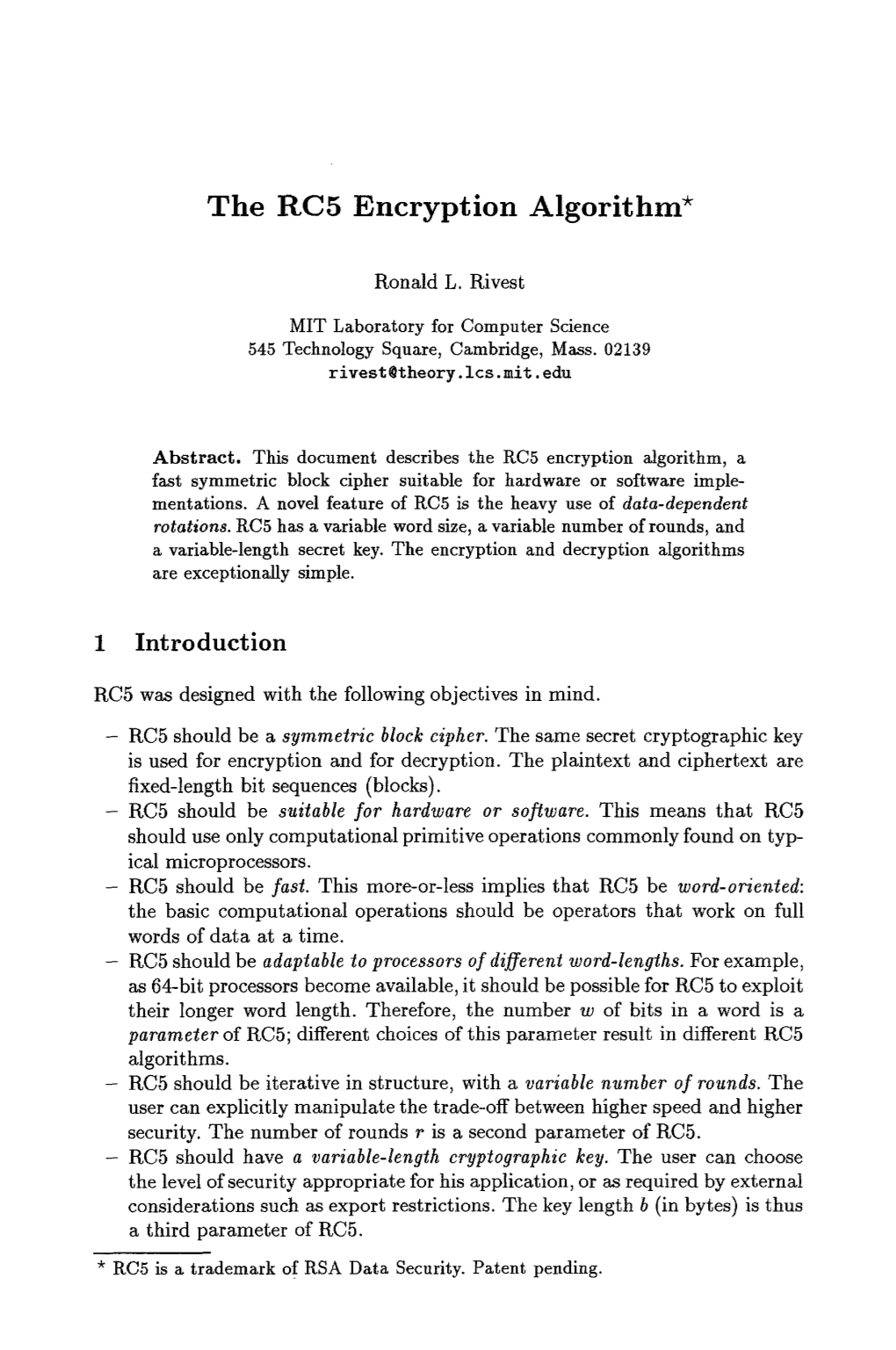 The RC5 Encryption Algorithm*