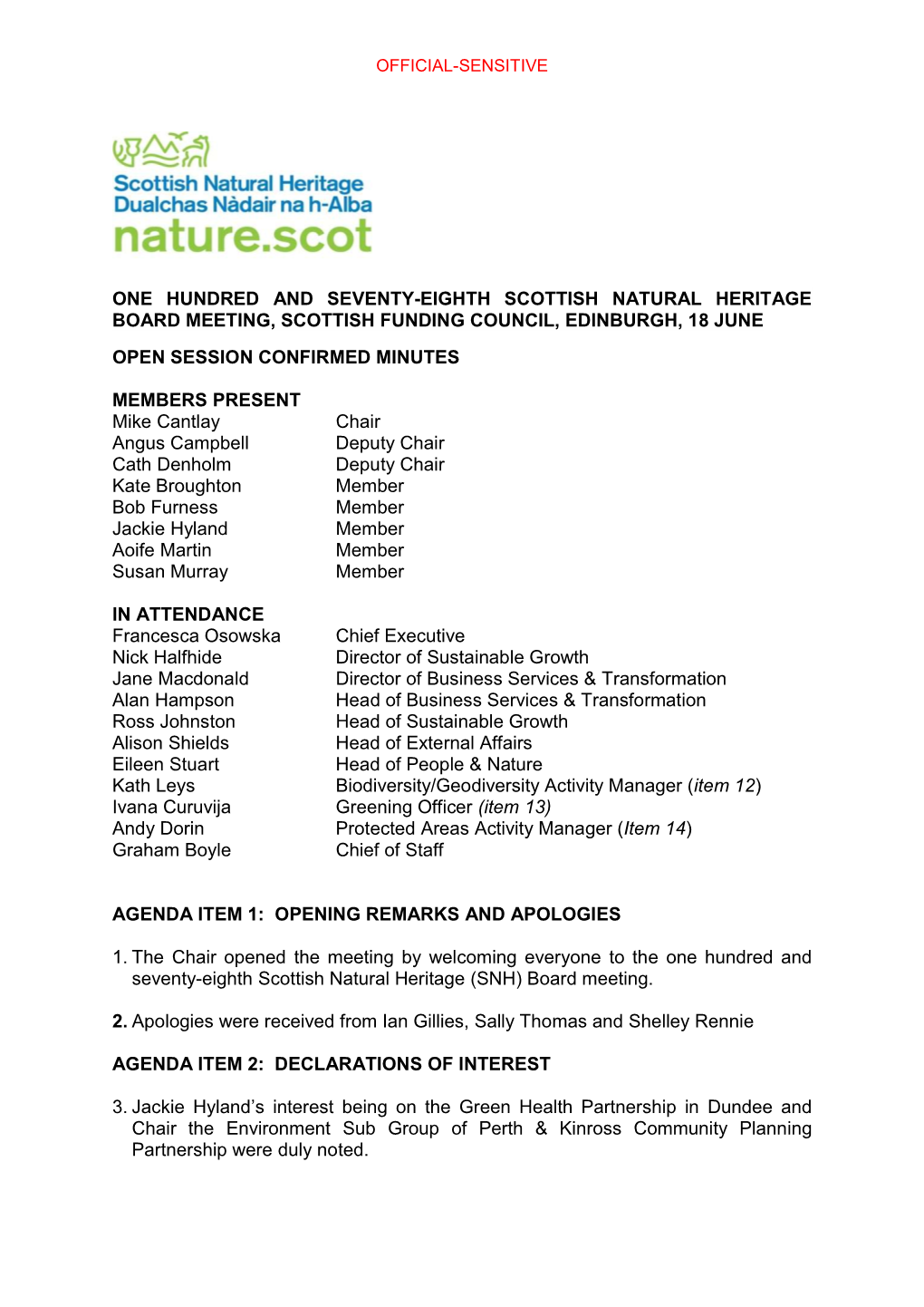 One Hundred and Seventy-Eighth Scottish Natural Heritage Board Meeting, Scottish Funding Council, Edinburgh, 18 June Open Session Confirmed Minutes