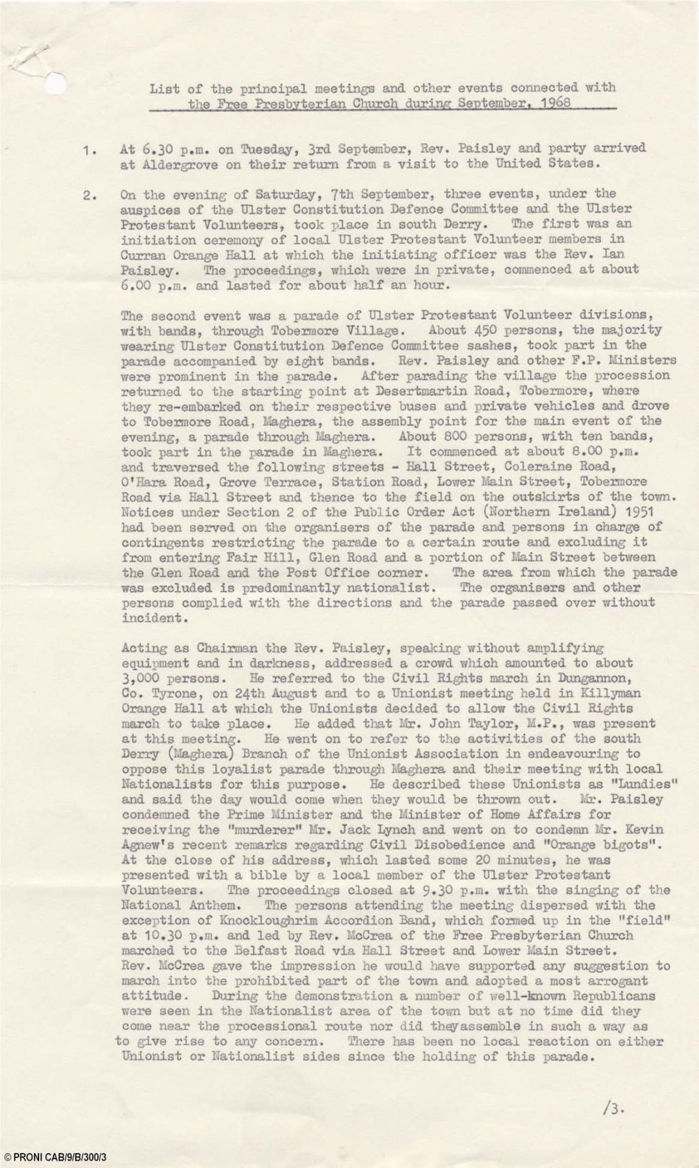 List of the Principal Meetings and Other Events Connected with the Free Presbyterian Church During September. 1968 1. at 6.30 P