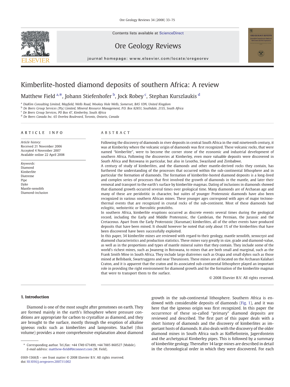 Kimberlite-Hosted Diamond Deposits of Southern Africa: a Review Ore