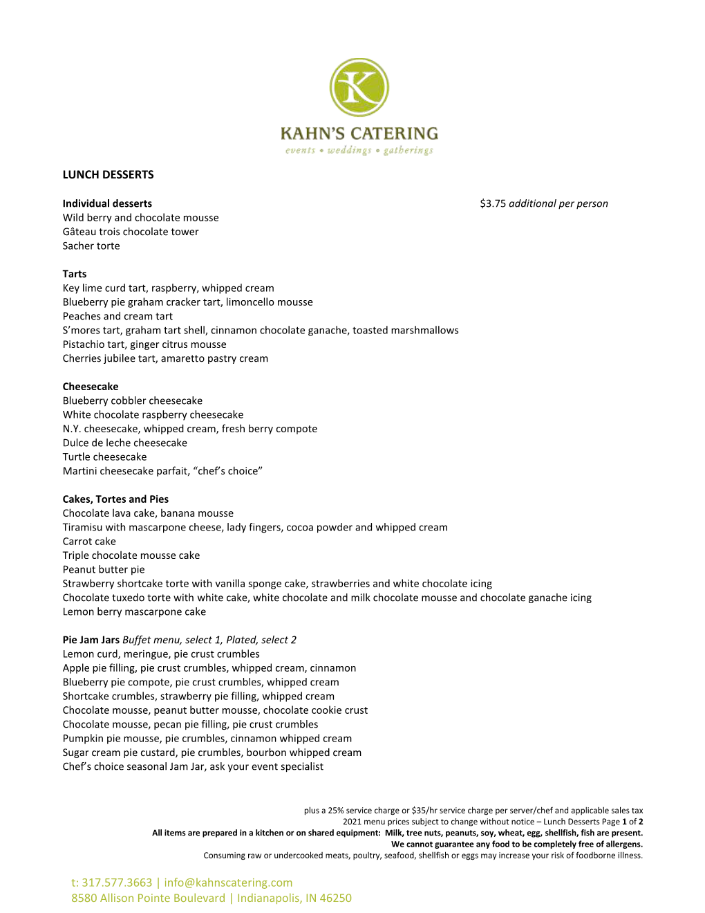 Kahn's Catering Lunch Dessert Menu