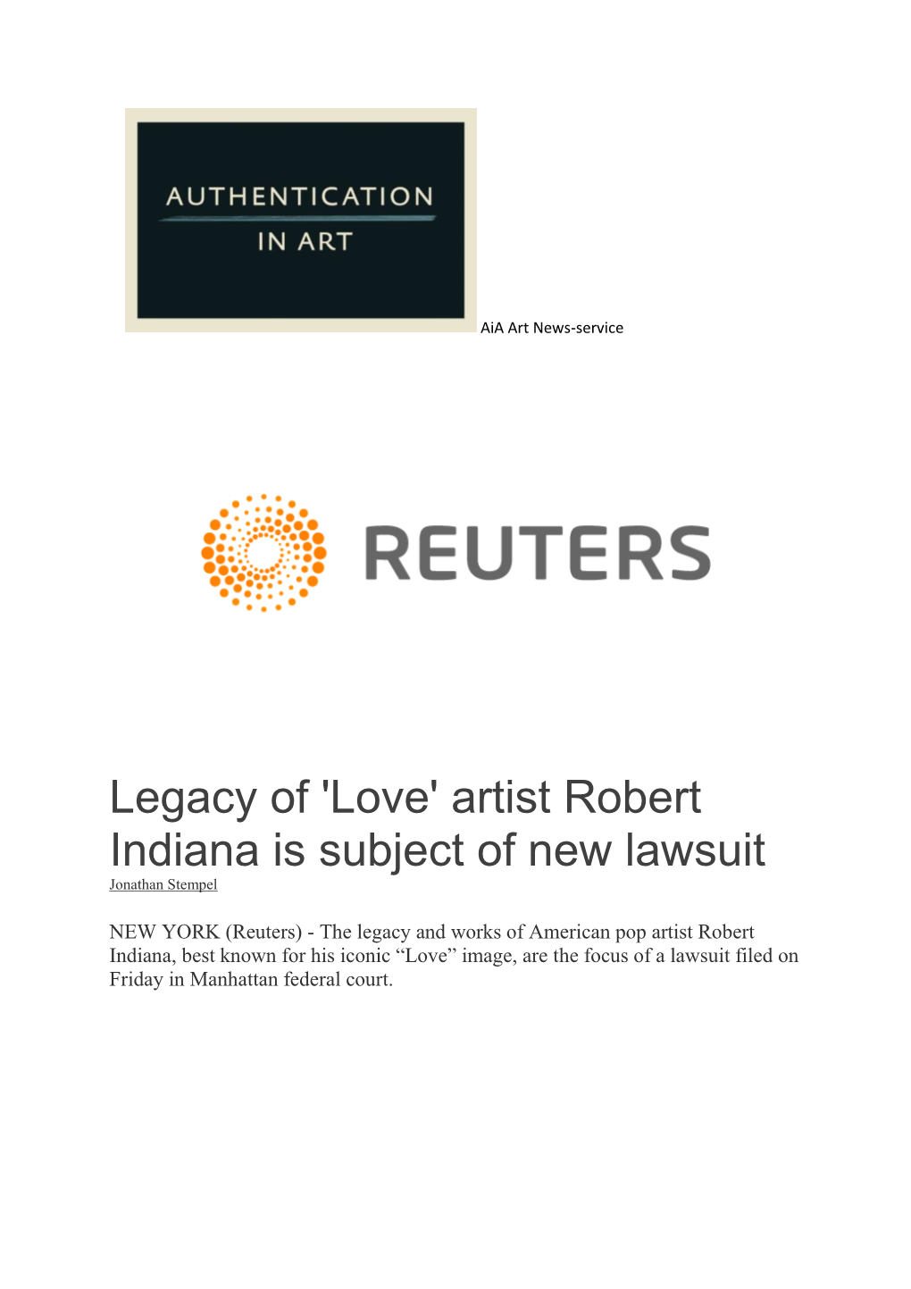 Legacy of 'Love' Artist Robert Indiana Is Subject of New Lawsuit Jonathan Stempel