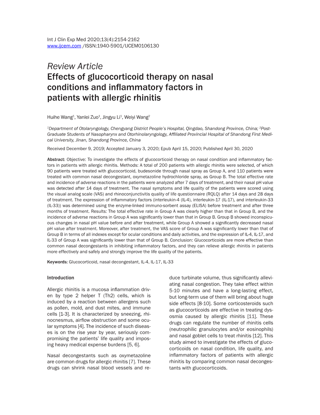 Review Article Effects of Glucocorticoid Therapy on Nasal Conditions and Inflammatory Factors in Patients with Allergic Rhinitis