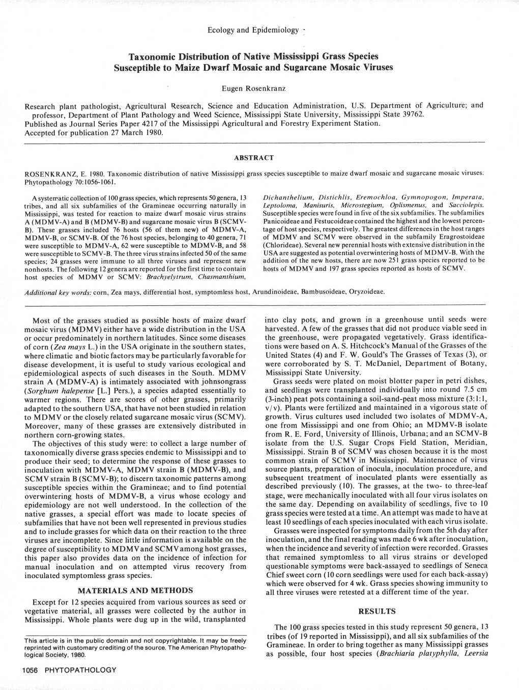 Taxonomic Distribution of Native Mississippi Grass Species Susceptible to Maize Dwarf Mosaic and Sugarcane Mosaic Viruses