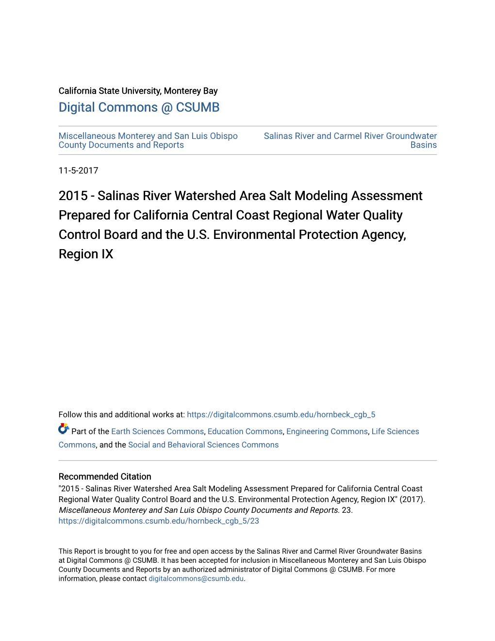 Salinas River Watershed Area Salt Modeling Assessment Prepared for California Central Coast Regional Water Quality Control Board and the U.S