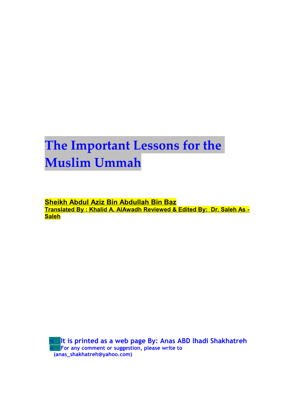 The Important Lessons for the Muslim Ummah