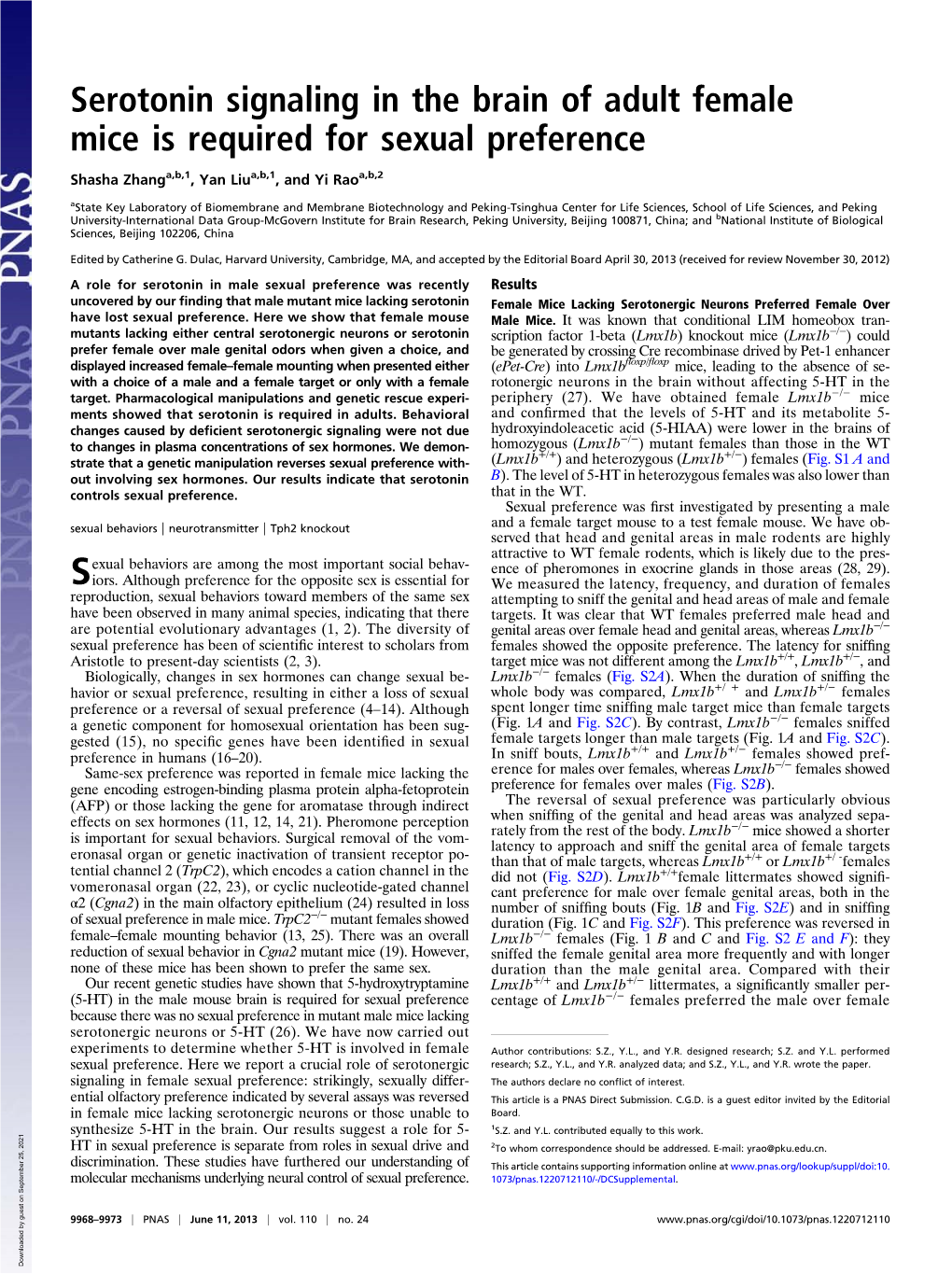 Serotonin Signaling in the Brain of Adult Female Mice Is Required for Sexual Preference