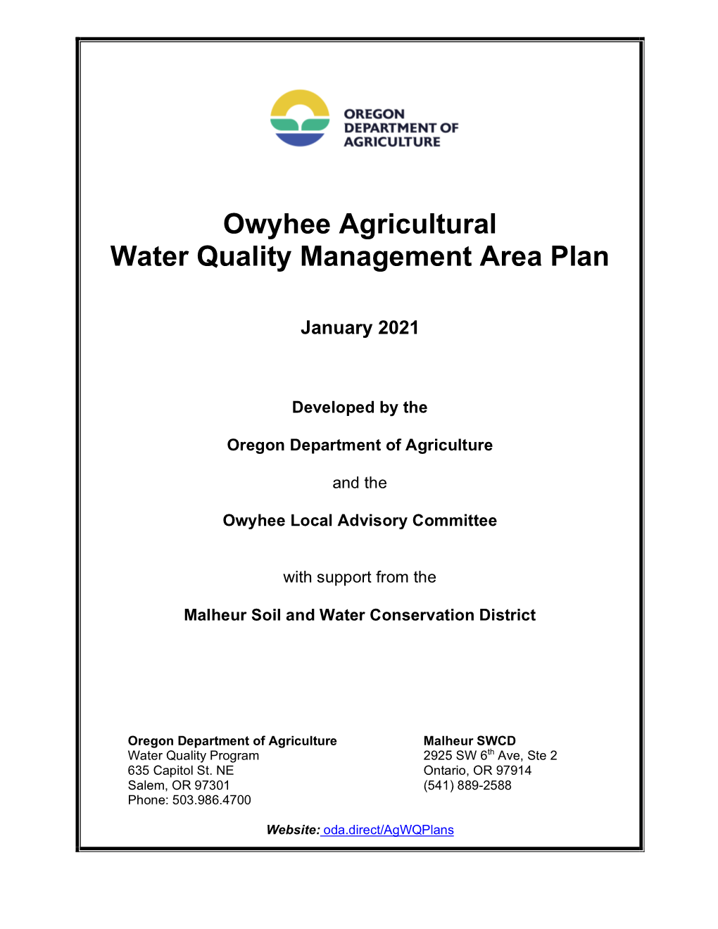 Owyhee Agricultural Water Quality Management Area Plan
