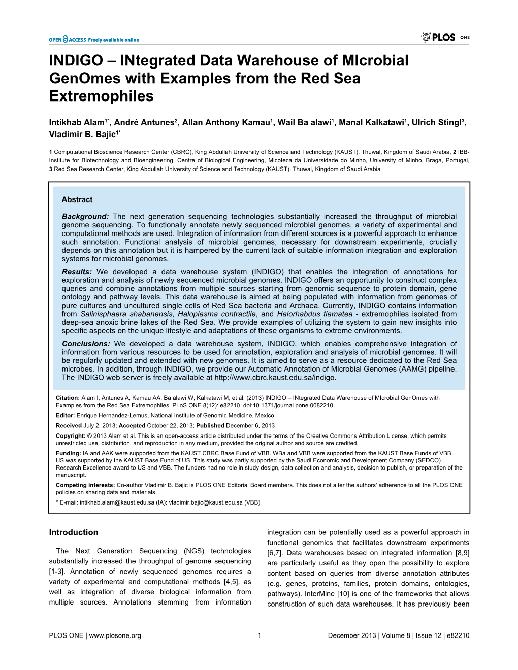 INDIGO – Integrated Data Warehouse of Microbial Genomes with Examples from the Red Sea Extremophiles