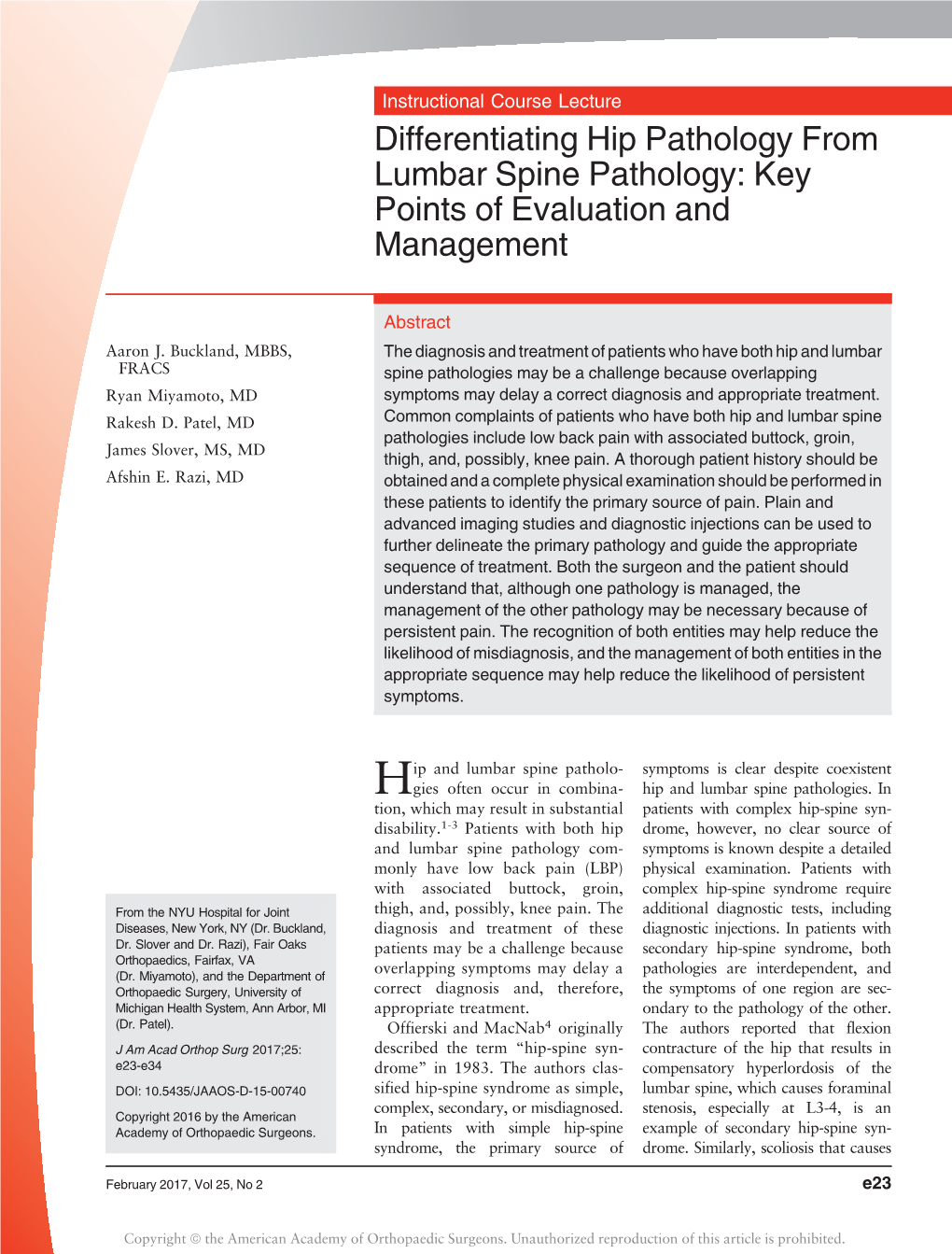 Differentiating Hip Pathology from Lumbar Spine Pathology: Key Points of Evaluation and Management