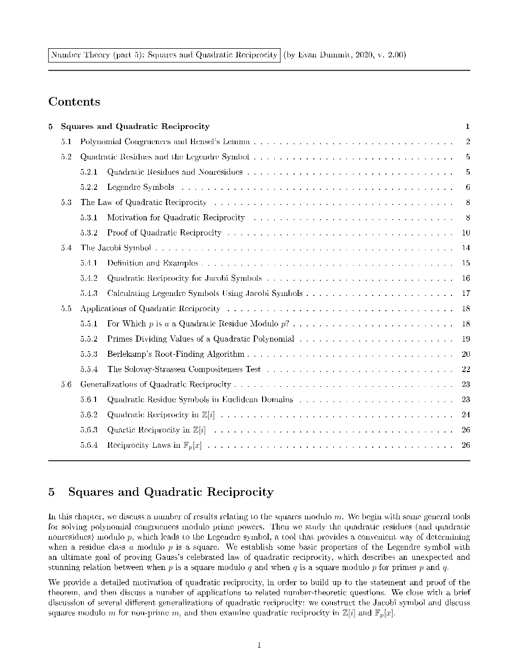 Contents 5 Squares and Quadratic Reciprocity