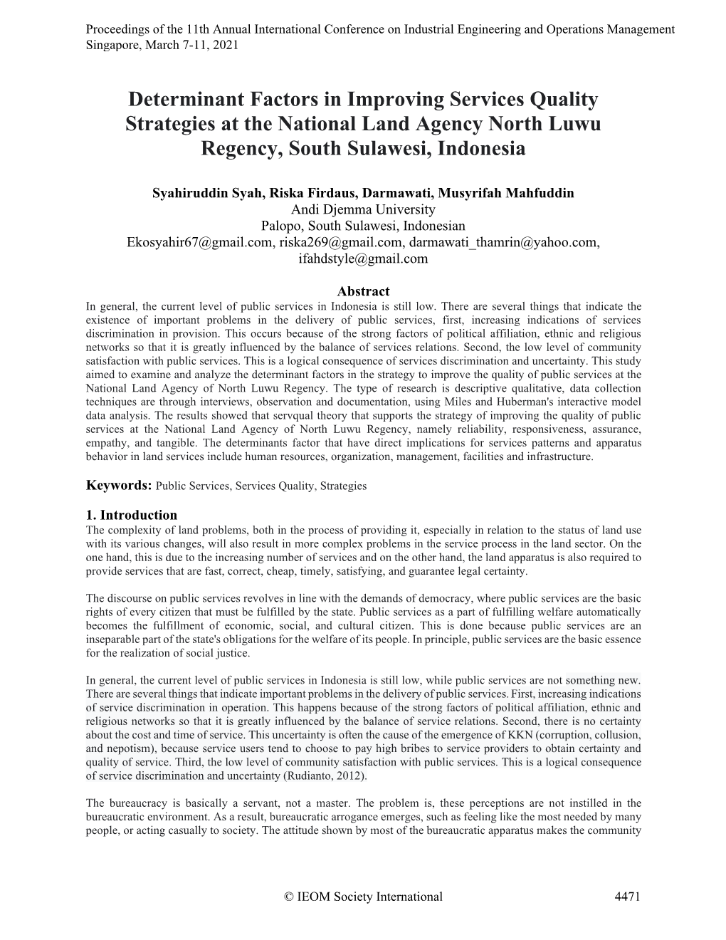 Determinant Factors in Improving Services Quality Strategies at the National Land Agency North Luwu Regency, South Sulawesi, Indonesia