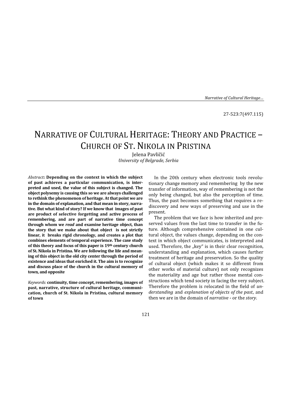 Narrative of Cultural Heritage:Theory and Practice – Church of St.Nikola In