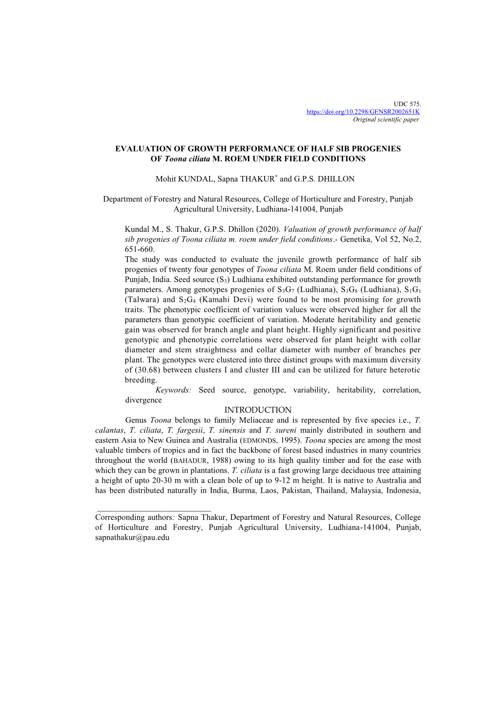 EVALUATION of GROWTH PERFORMANCE of HALF SIB PROGENIES of Toona Ciliata M