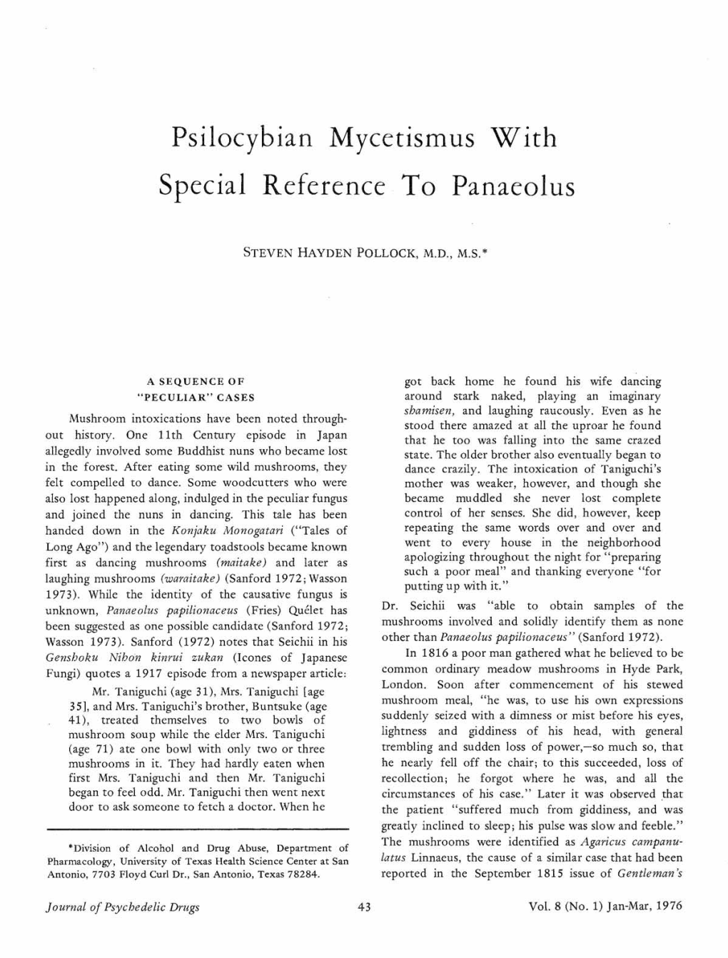 Psilocybian Mycetismus with Special Reference to Panaeolus