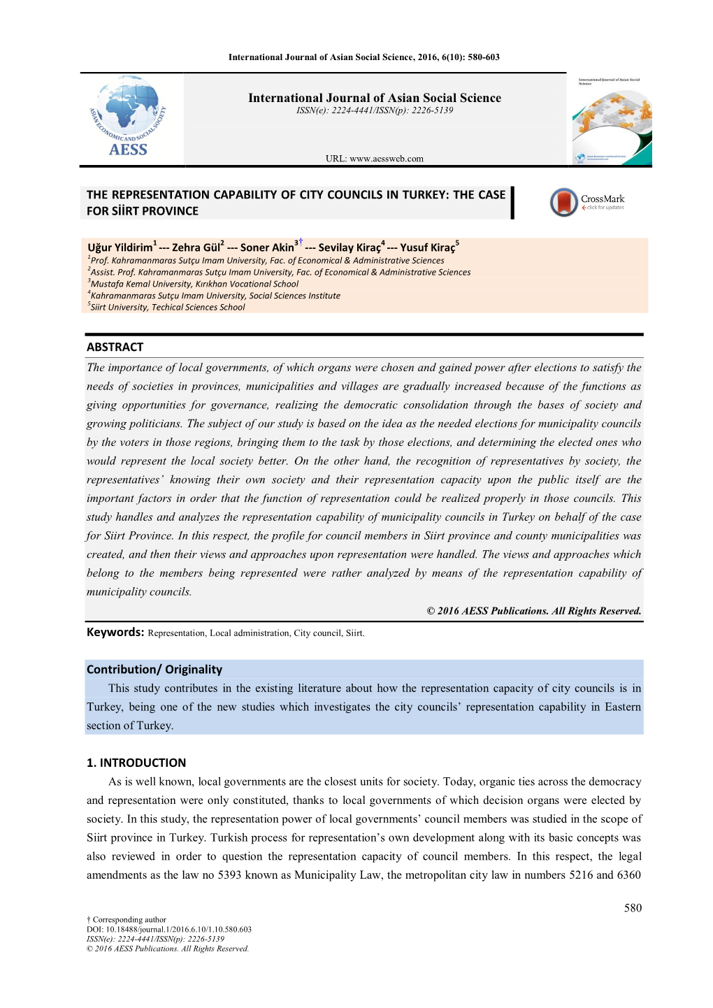 THE REPRESENTATION CAPABILITY of CITY COUNCILS in TURKEY: the CASE for SİİRT PROVINCE ABSTRACT Contribution/ Originality 1. IN