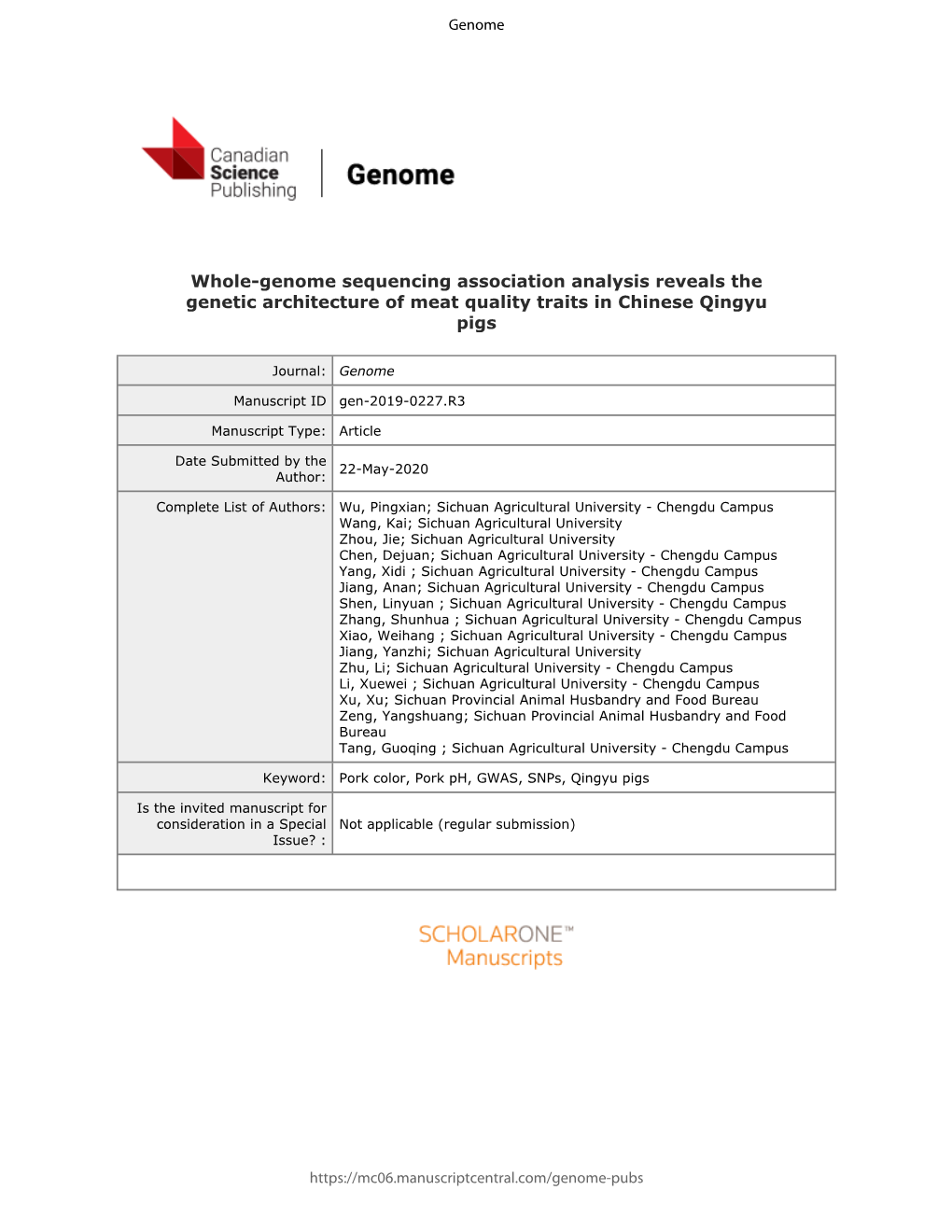 Whole-Genome Sequencing Association Analysis Reveals the Genetic Architecture of Meat Quality Traits in Chinese Qingyu Pigs