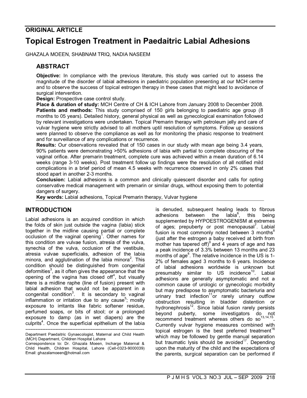 Topical Estrogen Treatment in Paedaitric Labial Adhesions