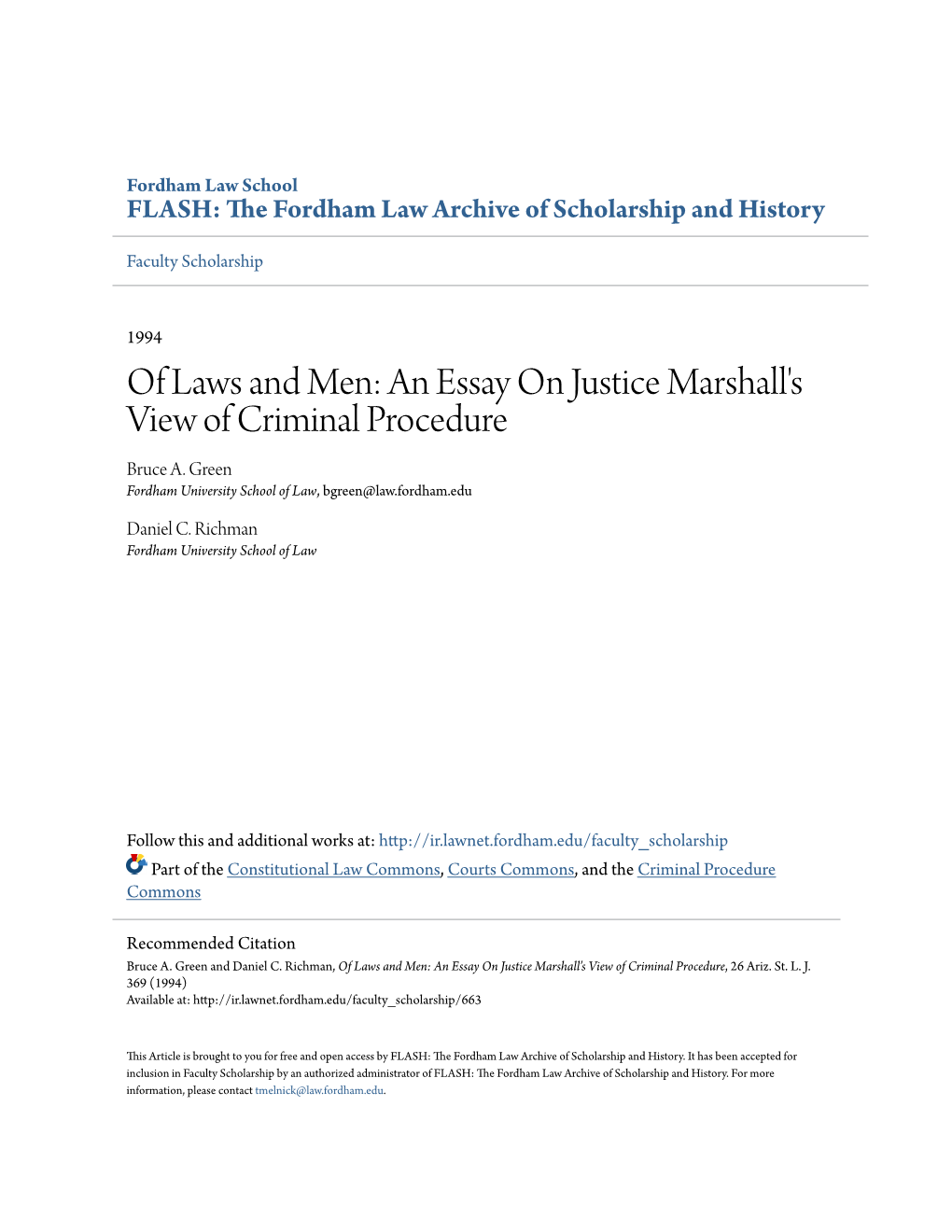 An Essay on Justice Marshall's View of Criminal Procedure Bruce A