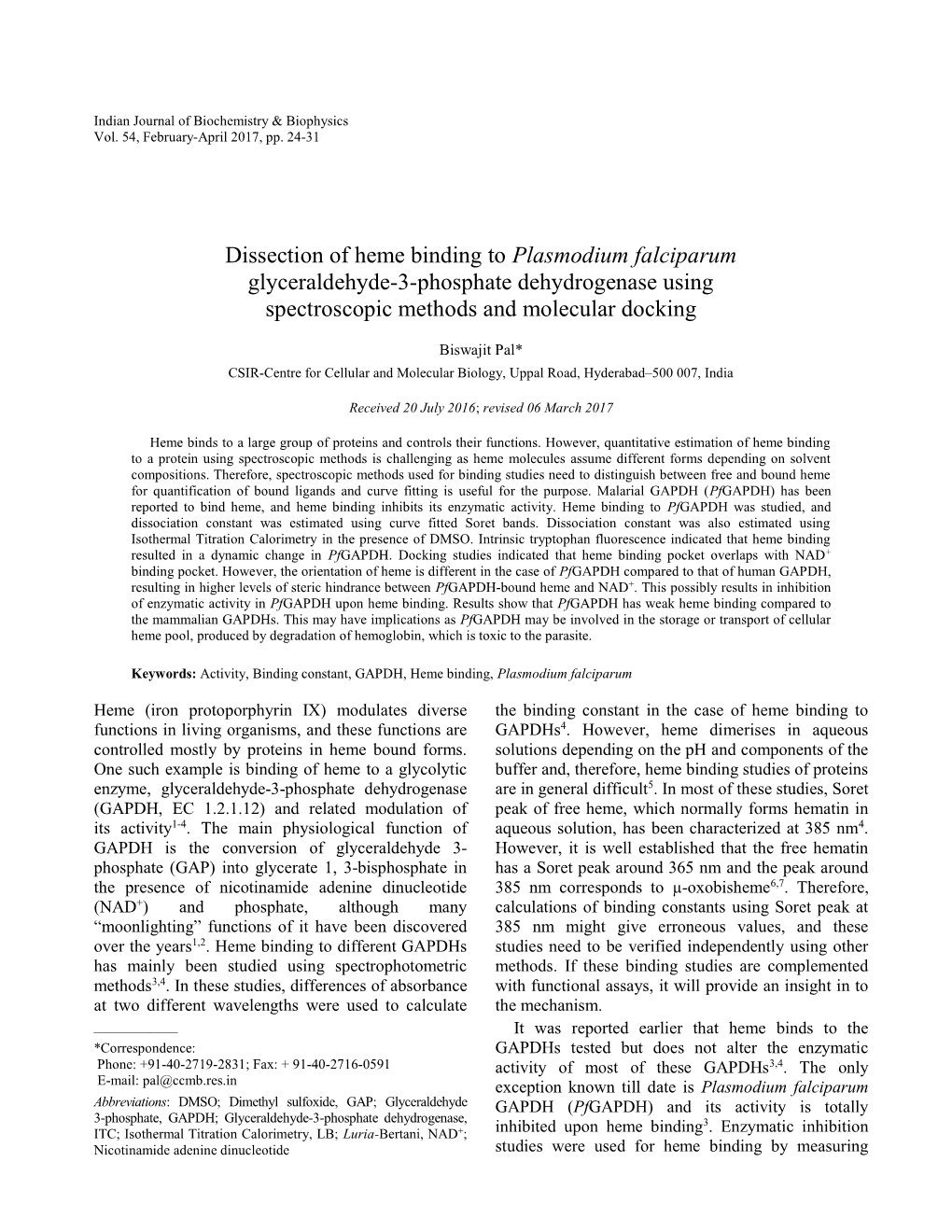 Dissection of Heme Binding to Plasmodium Falciparum Glyceraldehyde-3-Phosphate Dehydrogenase Using Spectroscopic Methods and Molecular Docking