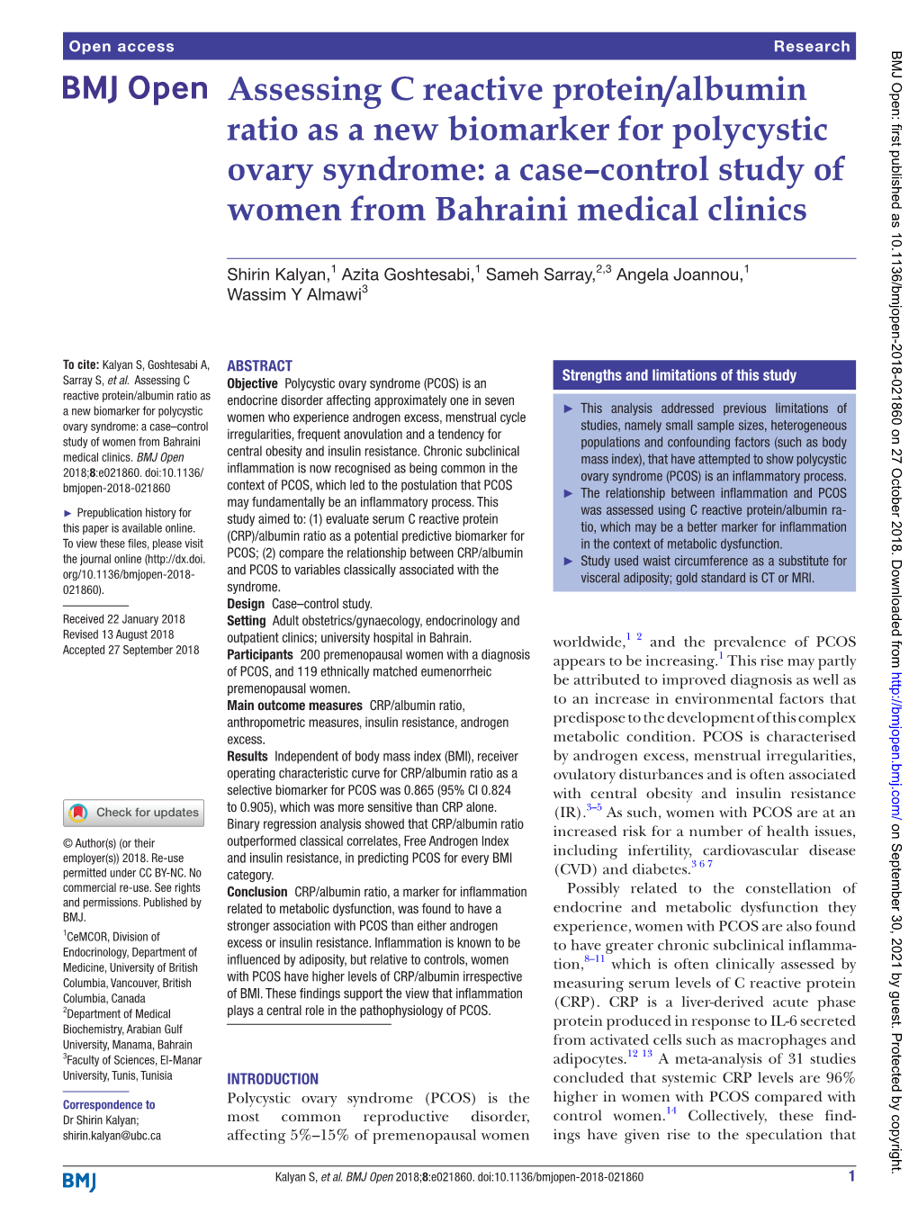 Assessing C Reactive Protein/Albumin Ratio As a New Biomarker for Polycystic Ovary Syndrome: a Case–Control Study of Women from Bahraini Medical Clinics