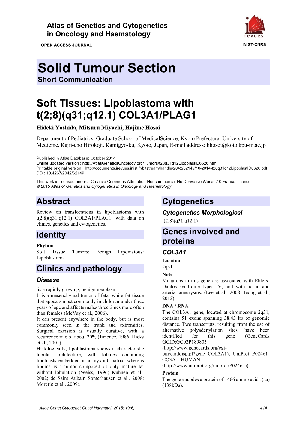 Solid Tumour Section Short Communication