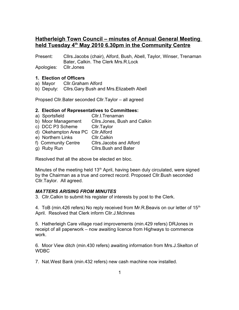 Hatherleigh Town Council Minutes of Annual General Meeting Held Tuesday 4Th May 2010 6