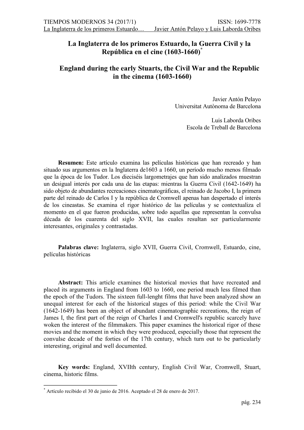 La Inglaterra De Los Primeros Estuardo, La Guerra Civil Y La República En El Cine (1603-1660)*