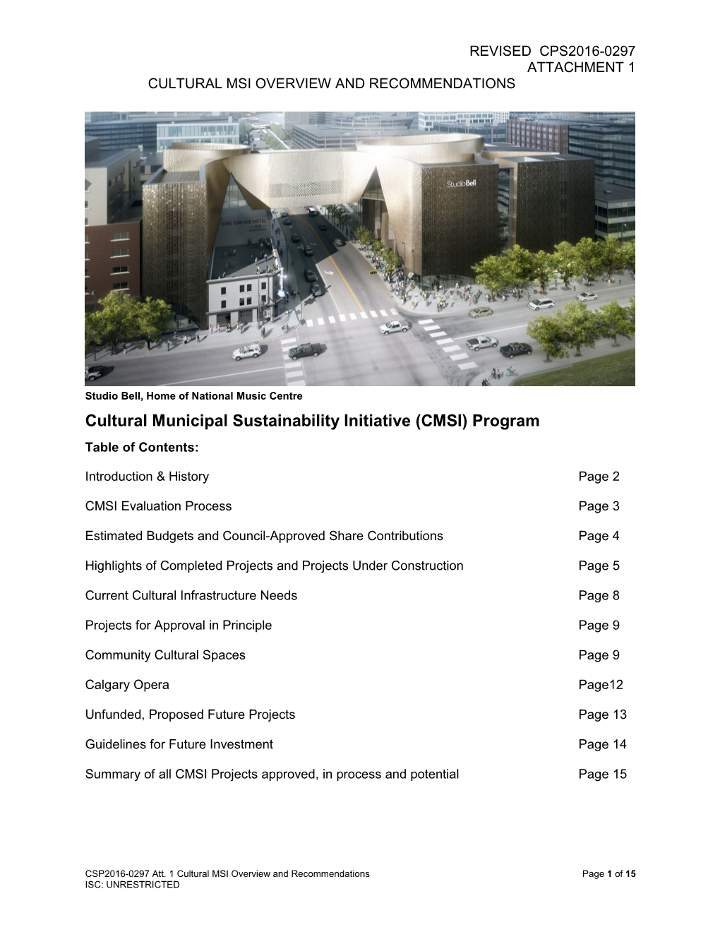 Cultural Municipal Sustainability Initiative (CMSI) Program Table of Contents