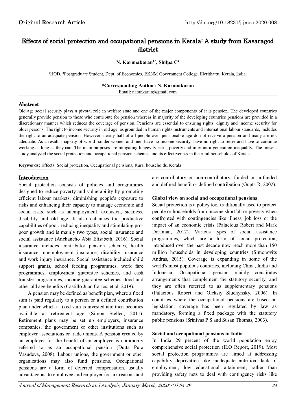 Effects of Social Protection and Occupational Pensions in Kerala: a Study from Kasaragod District