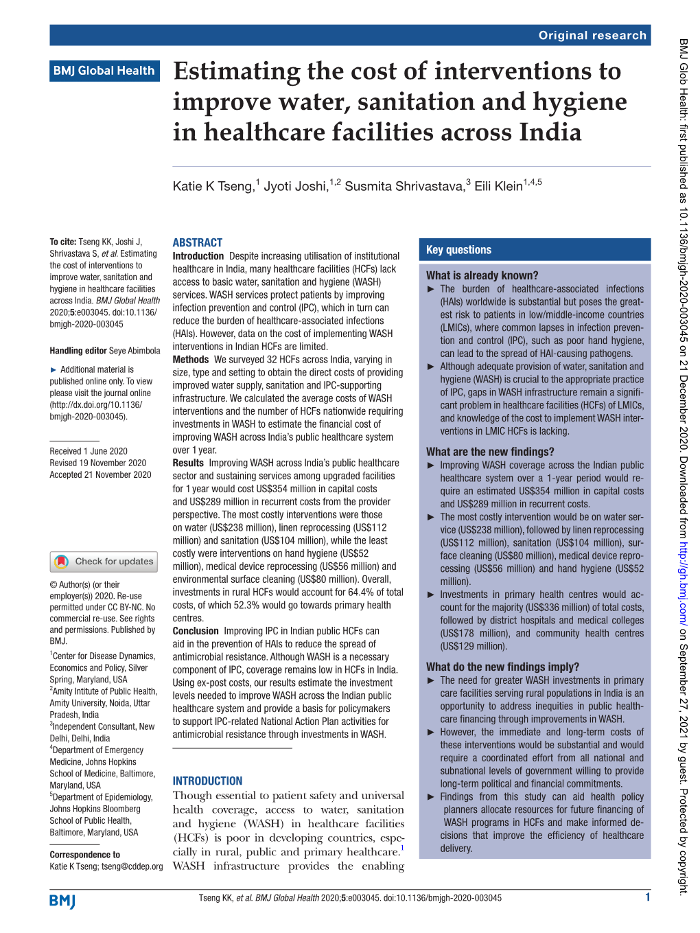 Estimating the Cost of Interventions to Improve Water, Sanitation and Hygiene in Healthcare Facilities Across India