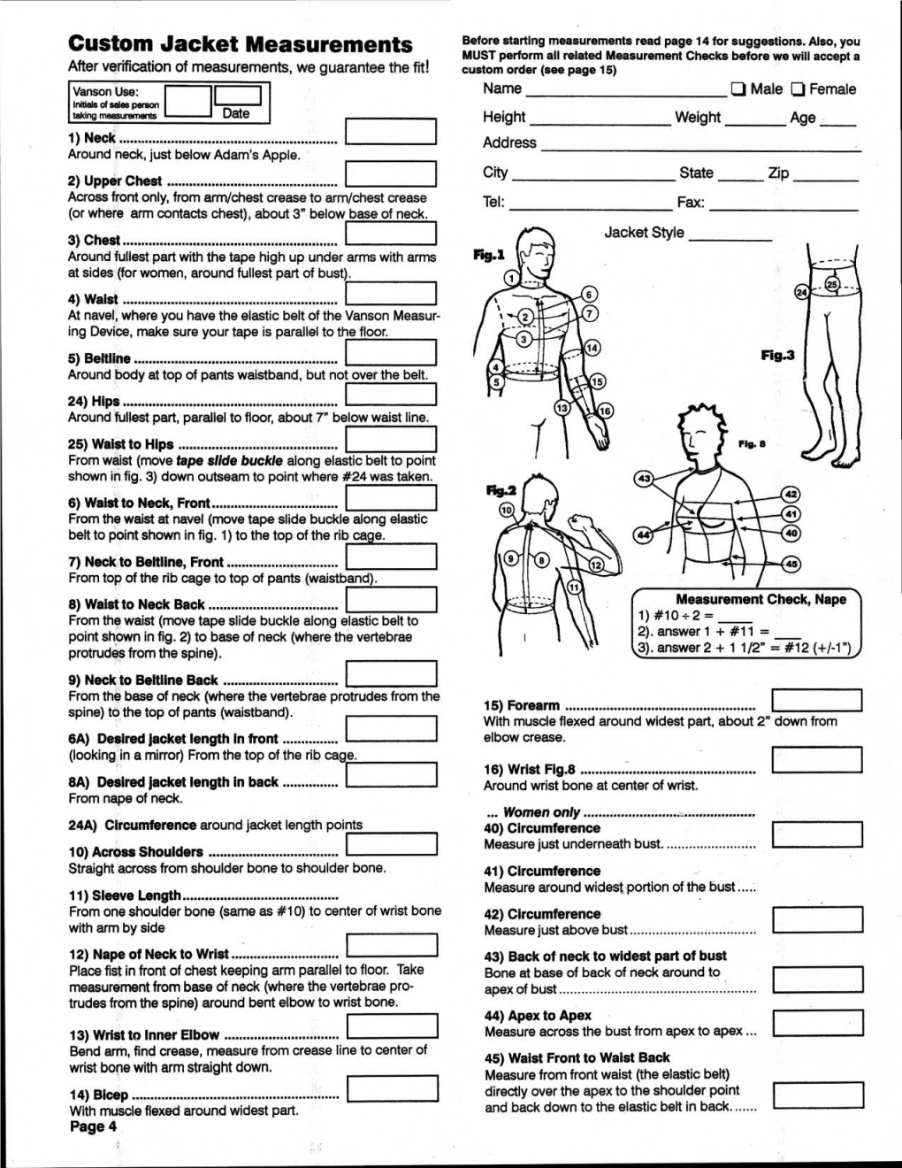 Custom Jacket Measurements Before Starting Measurements Read Page 14 for Suggestions