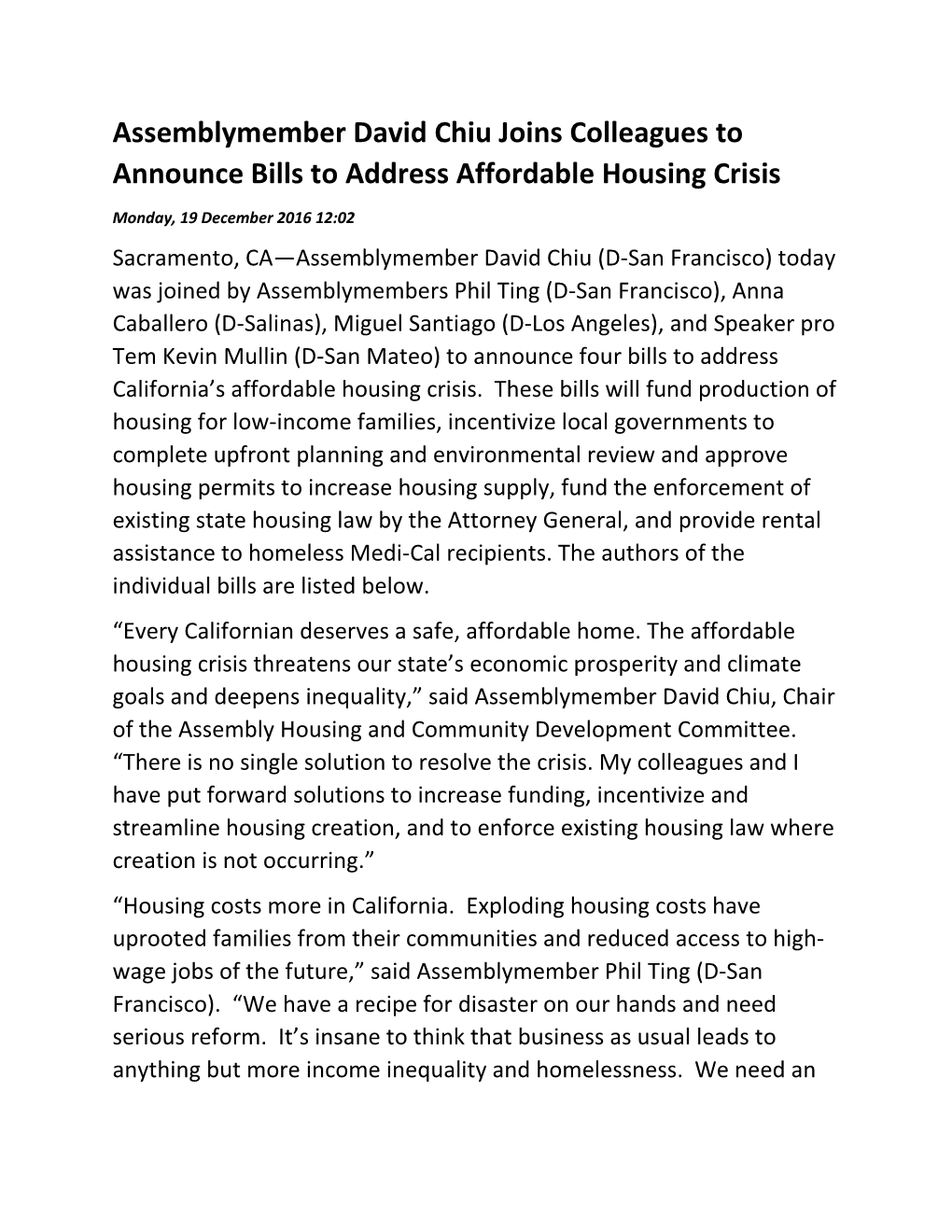 Assemblymember David Chiu Joins Colleagues to Announce Bills to Address Affordable Housing Crisis