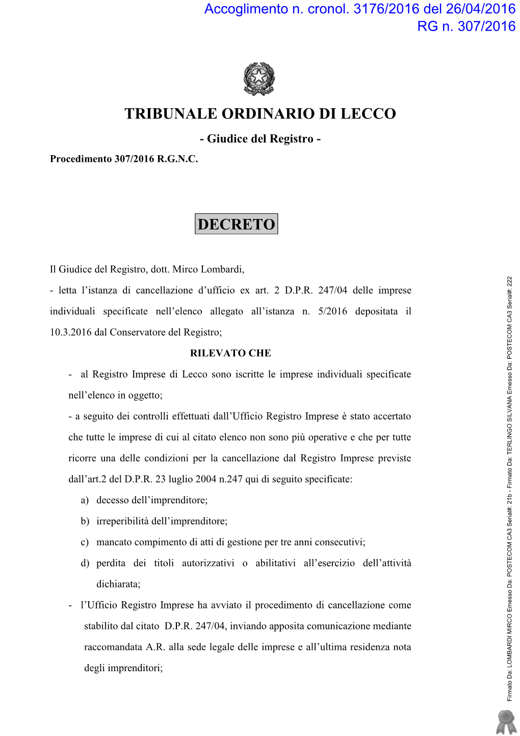 Tribunale Ordinario Di Lecco Decreto