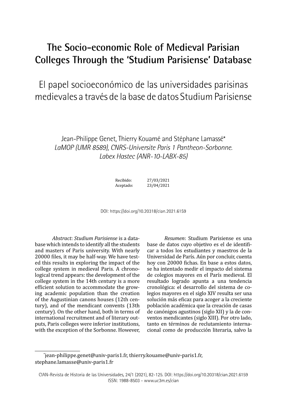 The Socio-Economic Role of Medieval Parisian Colleges Through the ‘Studium Parisiense’ Database