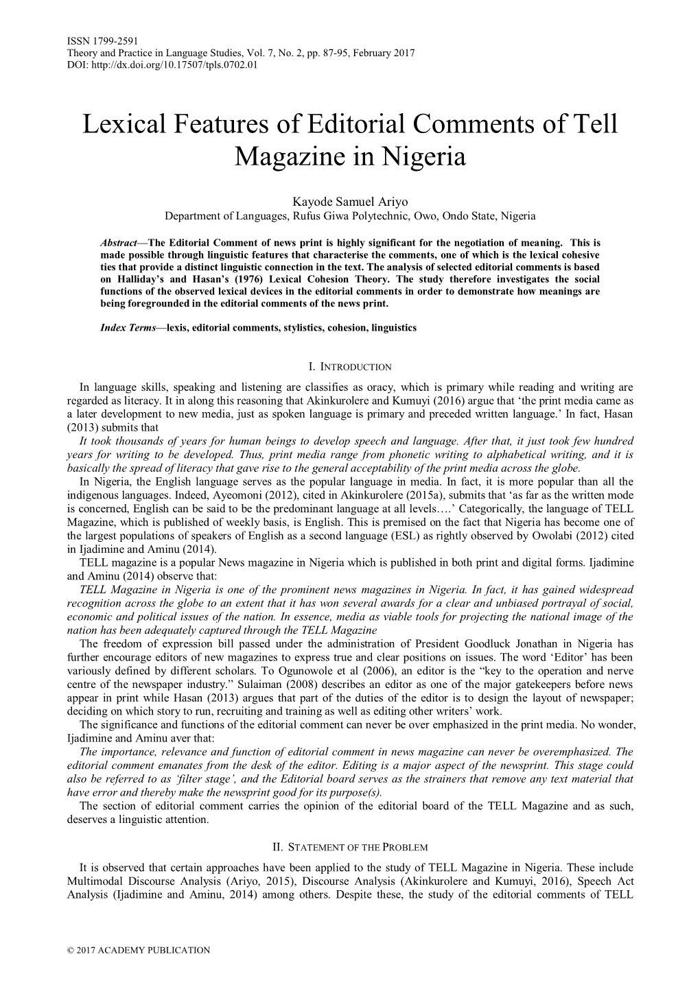 Lexical Features of Editorial Comments of Tell Magazine in Nigeria