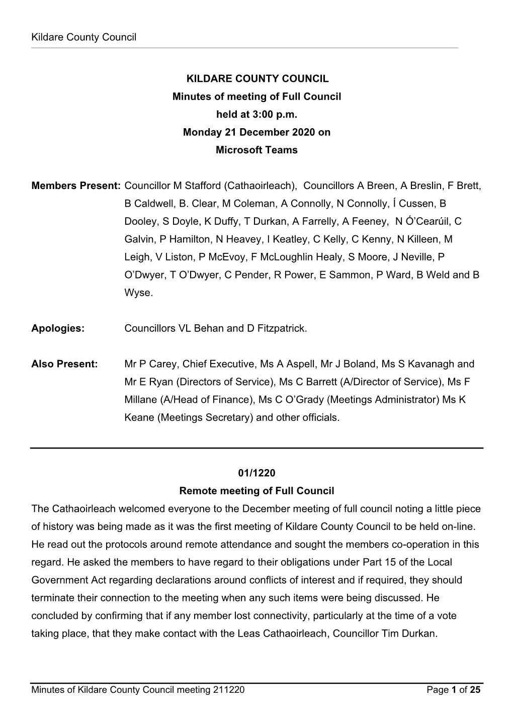 Minutes for Kildare County Council Meeting 21 December
